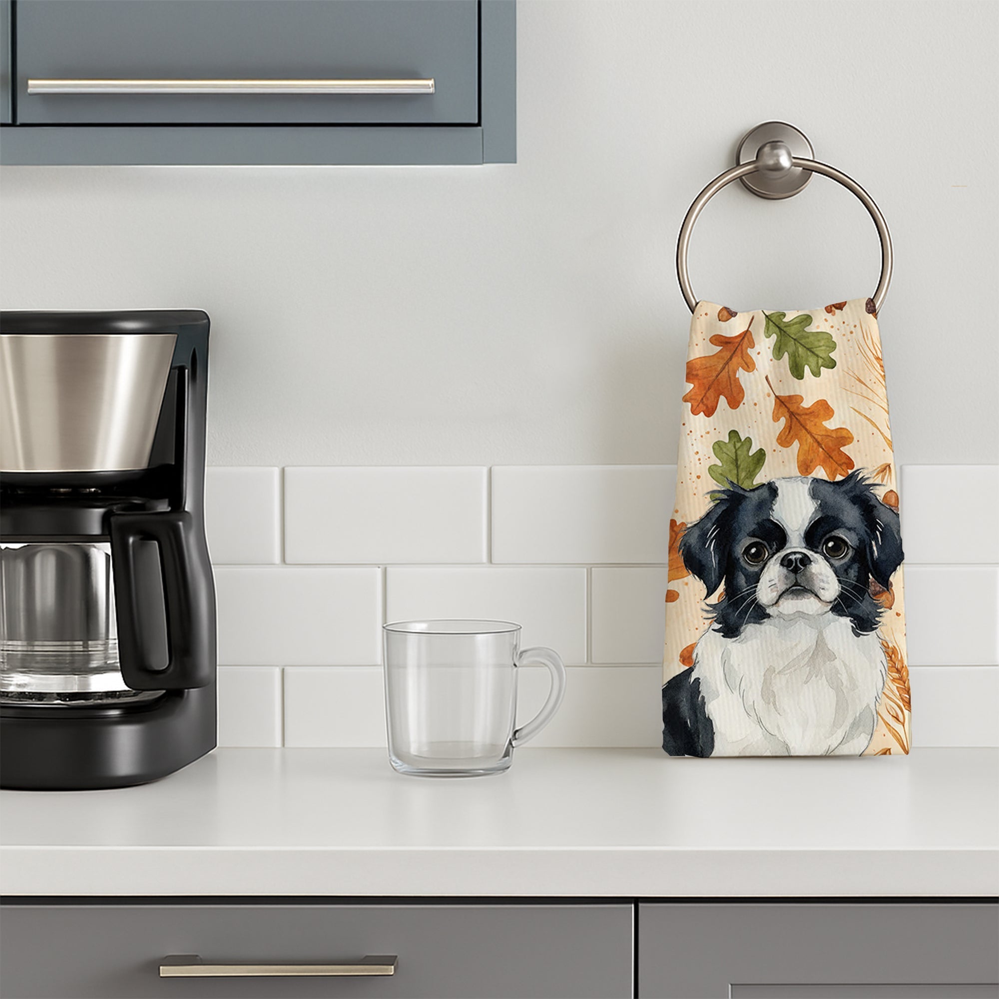 Black and White Japanese Chin Heirloom Fall Kitchen Towel Velour Plush Front and Cotton Loop Back Machine Washable