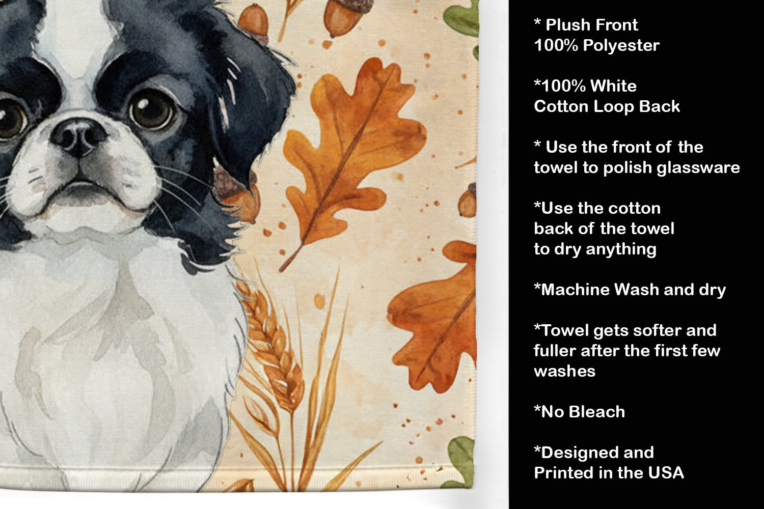 Black and White Japanese Chin Heirloom Fall Kitchen Towel Velour Plush Front and Cotton Loop Back Machine Washable