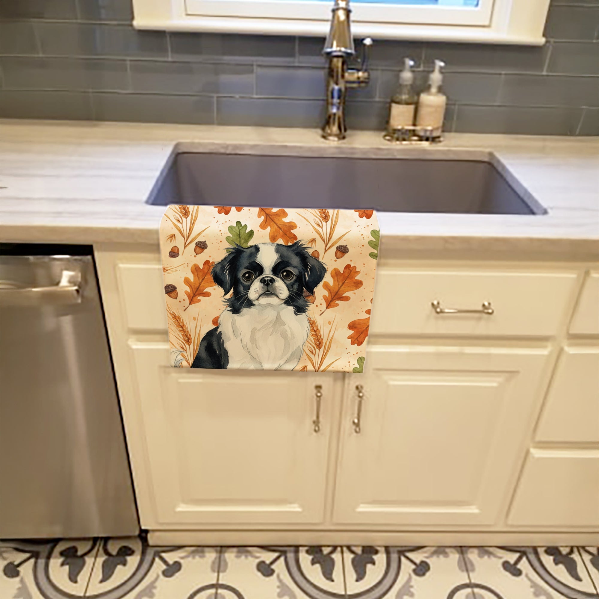 Black and White Japanese Chin Heirloom Fall Kitchen Towel Velour Plush Front and Cotton Loop Back Machine Washable