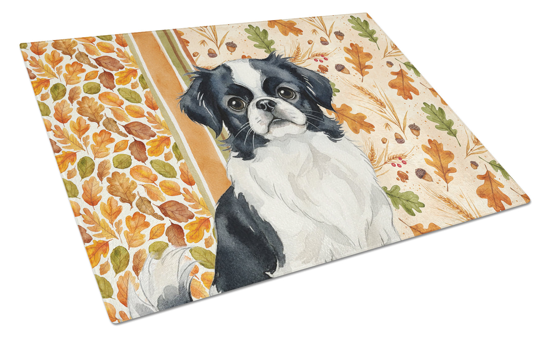 Black and White Japanese Chin Heirloom Fall Cutting Board Tempered Glass Kitchen Cutting Surface, Heat Resistant Chopping, Non-Slip Feet, Food Prep & Serving