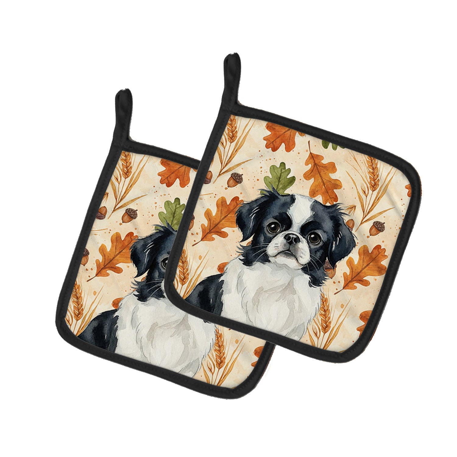 Black and White Japanese Chin Heirloom Fall Pot Holder Set of 2 Heat Resistant Quilted Hot Pads 7.5 x 7.5 Inch, Insulated Kitchen Trivets for Cooking & Baking