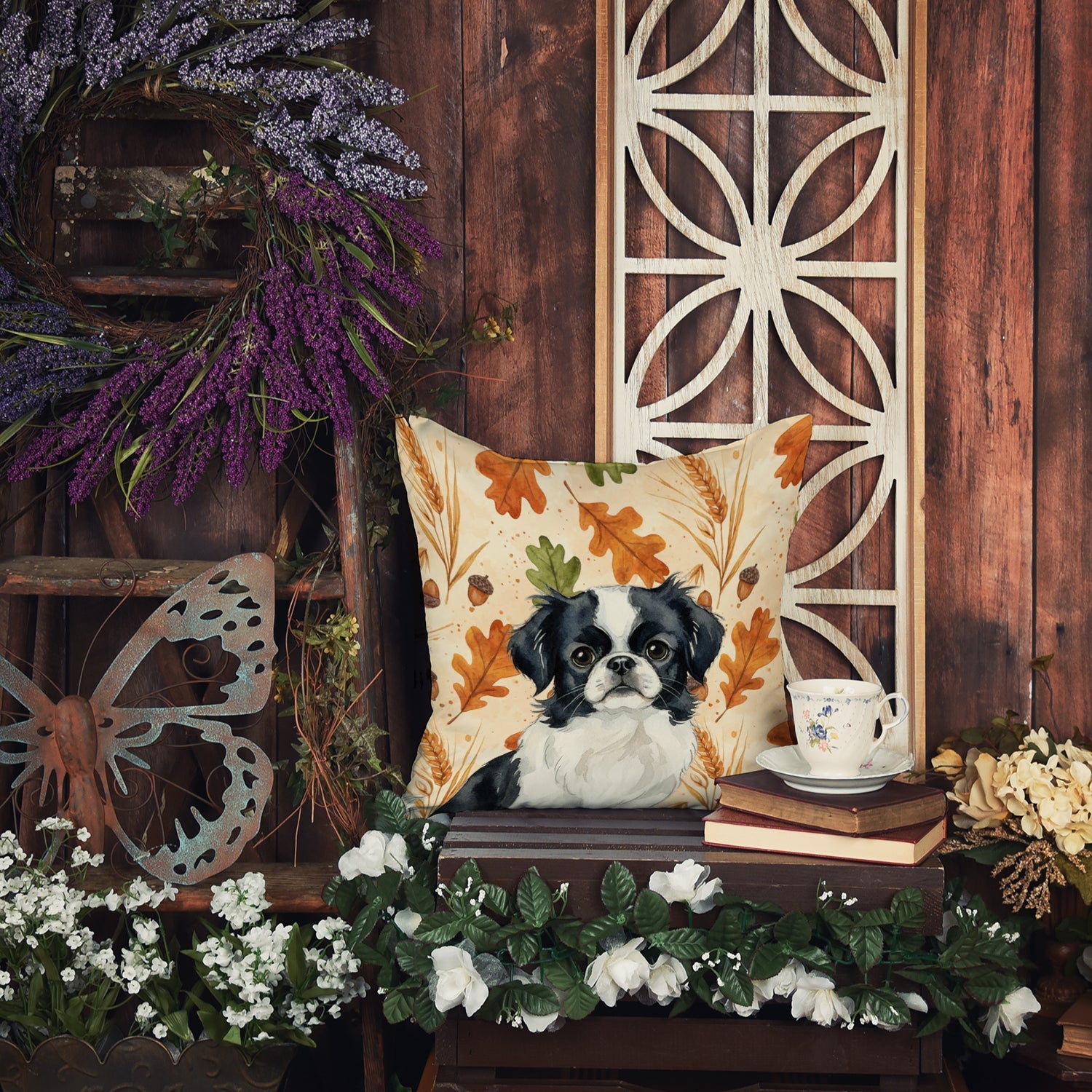 Black and White Japanese Chin Heirloom Fall Decorative Throw Pillow 14x14 Indoor Outdoor Accent Cushion, Fabric Cover with Insert for Sofa, Bed, Porch & Living Room