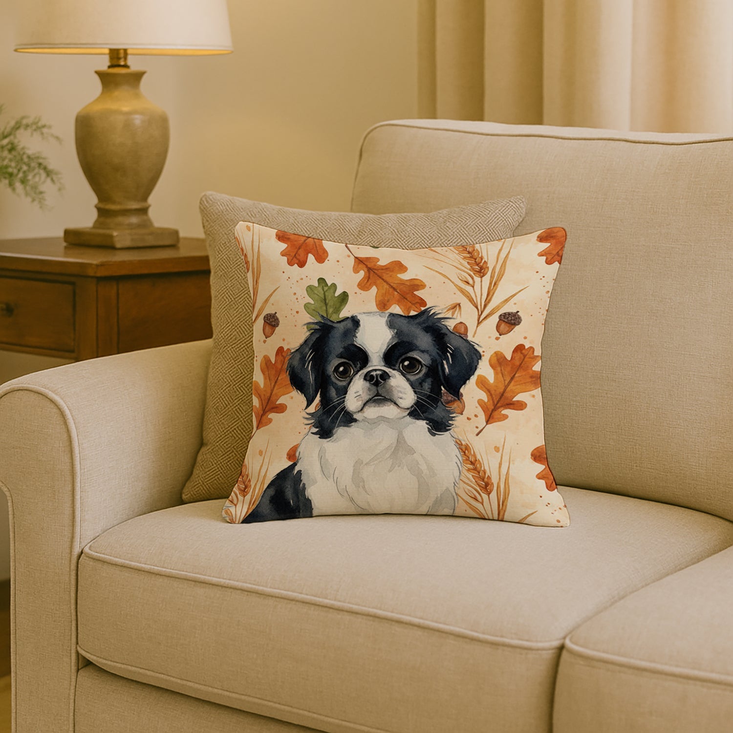 Black and White Japanese Chin Heirloom Fall Decorative Throw Pillow 18x18 Indoor Outdoor Accent Cushion, Fabric Cover with Insert for Sofa, Bed, Porch & Living Room