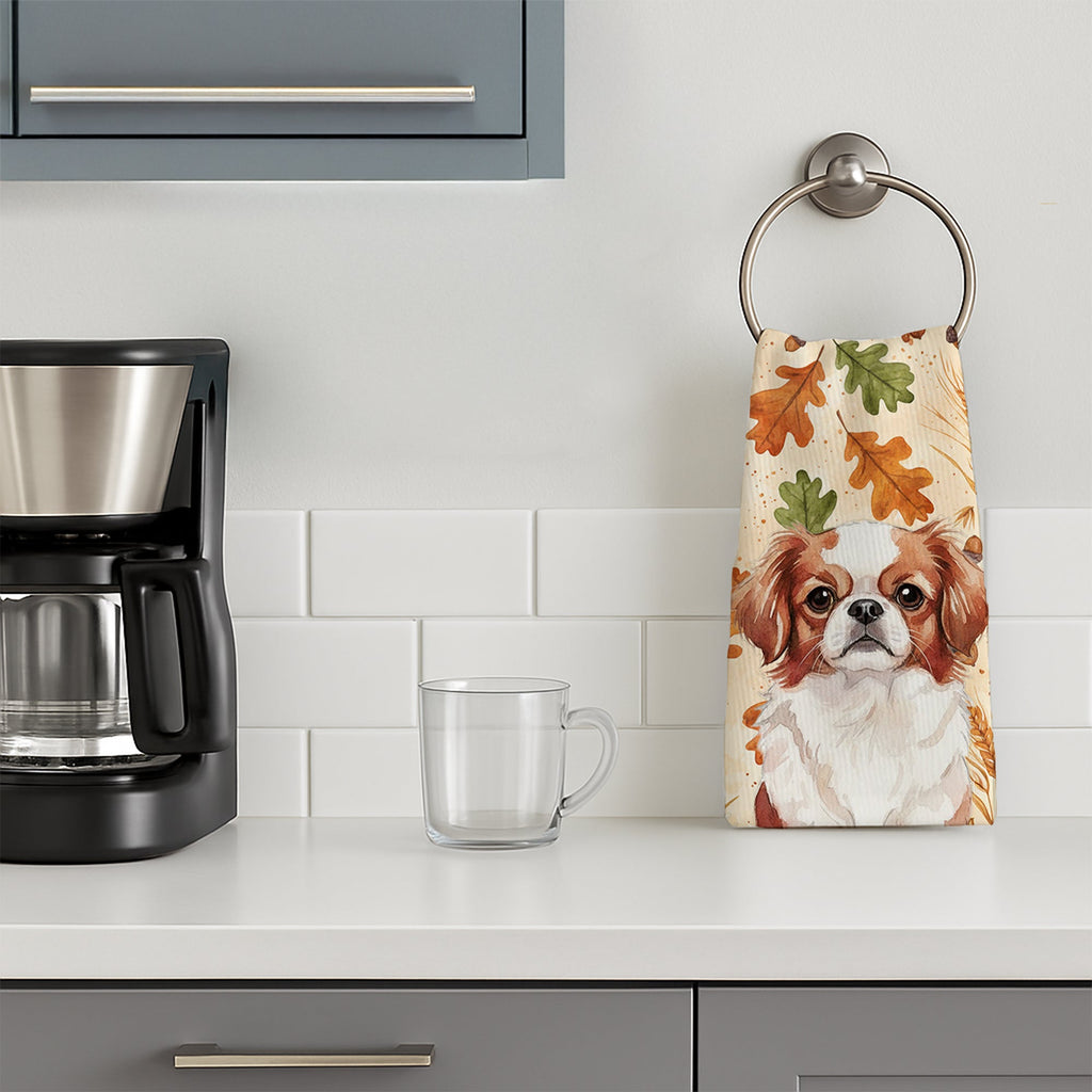 Red and White Japanese Chin Heirloom Fall Kitchen Towel Velour Plush Front and Cotton Loop Back Machine Washable