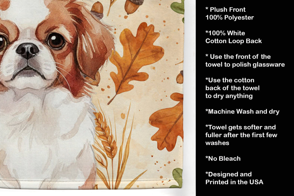 Red and White Japanese Chin Heirloom Fall Kitchen Towel Velour Plush Front and Cotton Loop Back Machine Washable