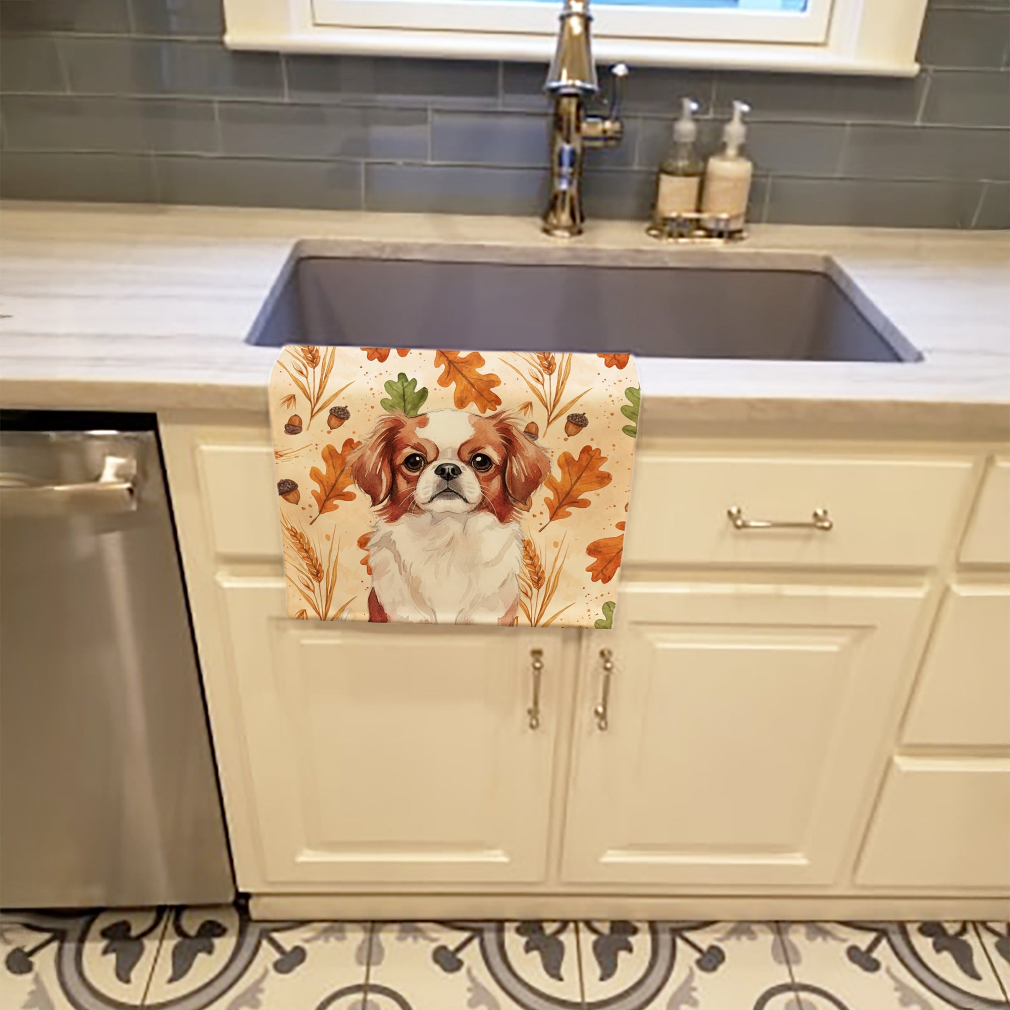Red and White Japanese Chin Heirloom Fall Kitchen Towel Velour Plush Front and Cotton Loop Back Machine Washable