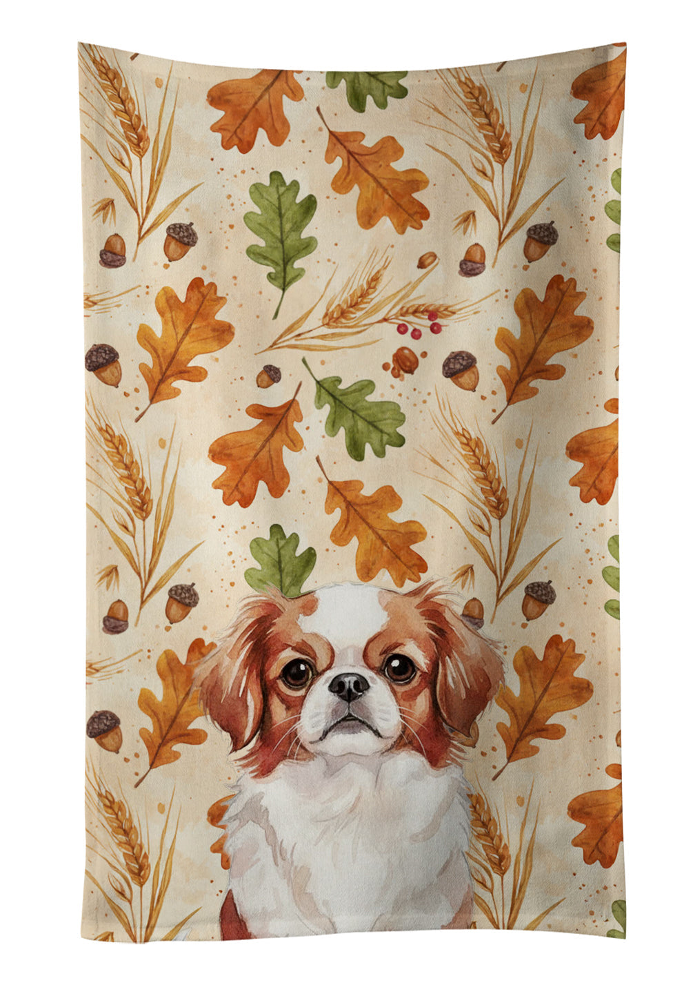Red and White Japanese Chin Heirloom Fall Kitchen Towel Velour Plush Front and Cotton Loop Back Machine Washable