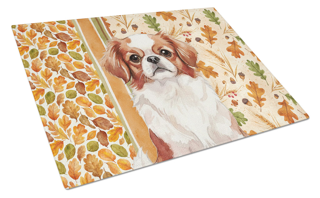 Red and White Japanese Chin Heirloom Fall Cutting Board Tempered Glass Kitchen Cutting Surface, Heat Resistant Chopping, Non-Slip Feet, Food Prep & Serving