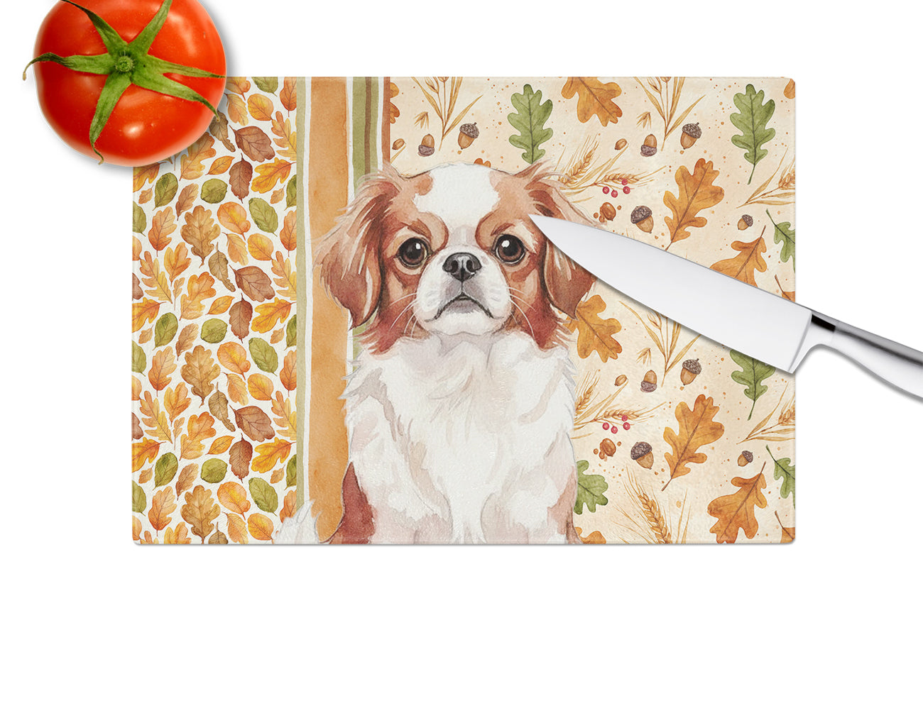 Red and White Japanese Chin Heirloom Fall Cutting Board Tempered Glass Kitchen Cutting Surface, Heat Resistant Chopping, Non-Slip Feet, Food Prep & Serving