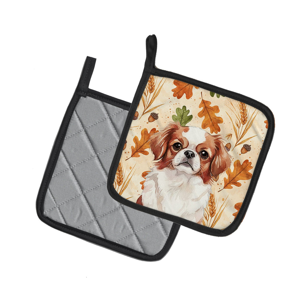 Red and White Japanese Chin Heirloom Fall Pot Holder Set of 2 Heat Resistant Quilted Hot Pads 7.5 x 7.5 Inch, Insulated Kitchen Trivets for Cooking & Baking