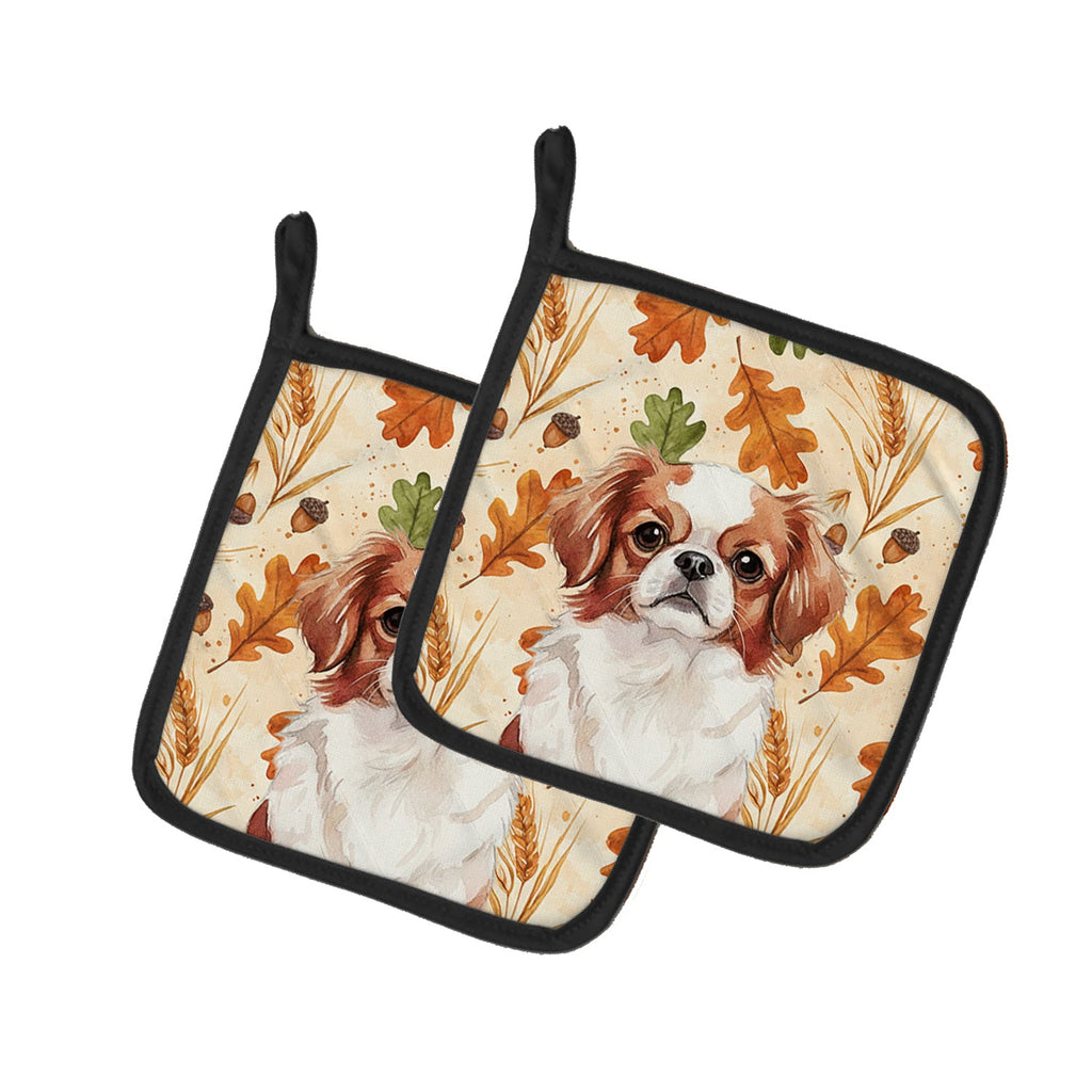 Red and White Japanese Chin Heirloom Fall Pot Holder Set of 2 Heat Resistant Quilted Hot Pads 7.5 x 7.5 Inch, Insulated Kitchen Trivets for Cooking & Baking