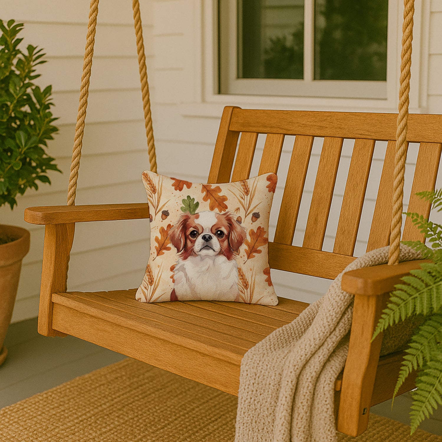 Red and White Japanese Chin Heirloom Fall Decorative Throw Pillow 14x14 Indoor Outdoor Accent Cushion, Fabric Cover with Insert for Sofa, Bed, Porch & Living Room