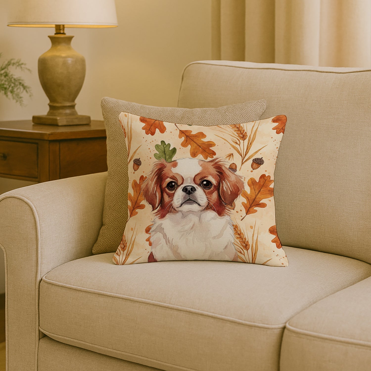 Red and White Japanese Chin Heirloom Fall Decorative Throw Pillow 18x18 Indoor Outdoor Accent Cushion, Fabric Cover with Insert for Sofa, Bed, Porch & Living Room