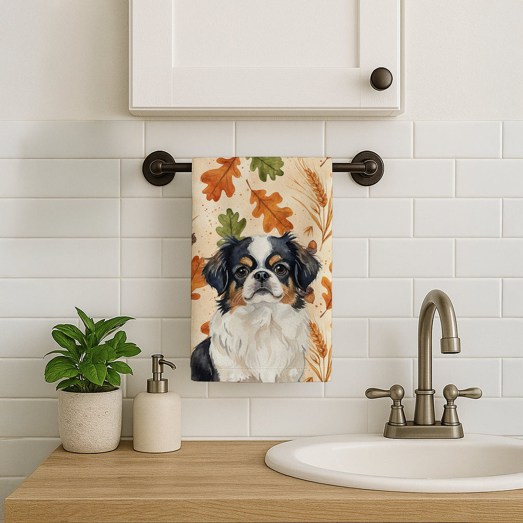 Tricolor Japanese Chin Heirloom Fall Kitchen Towel Velour Plush Front and Cotton Loop Back Machine Washable