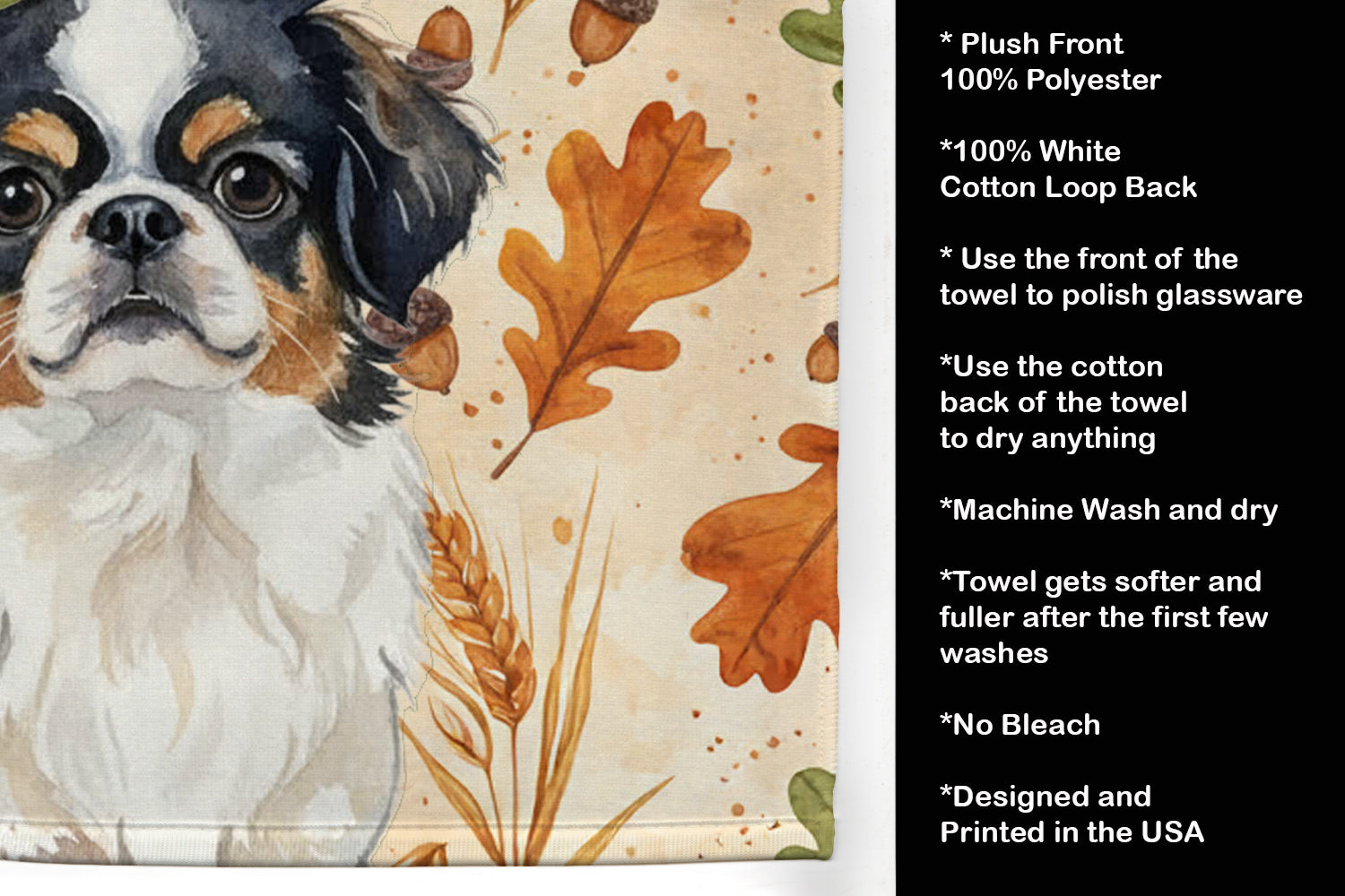 Tricolor Japanese Chin Heirloom Fall Kitchen Towel Velour Plush Front and Cotton Loop Back Machine Washable