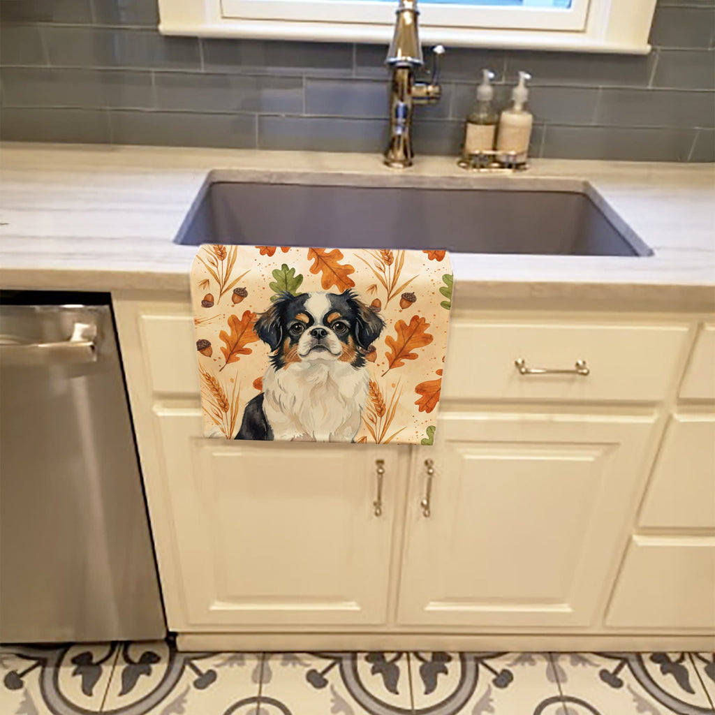 Tricolor Japanese Chin Heirloom Fall Kitchen Towel Velour Plush Front and Cotton Loop Back Machine Washable