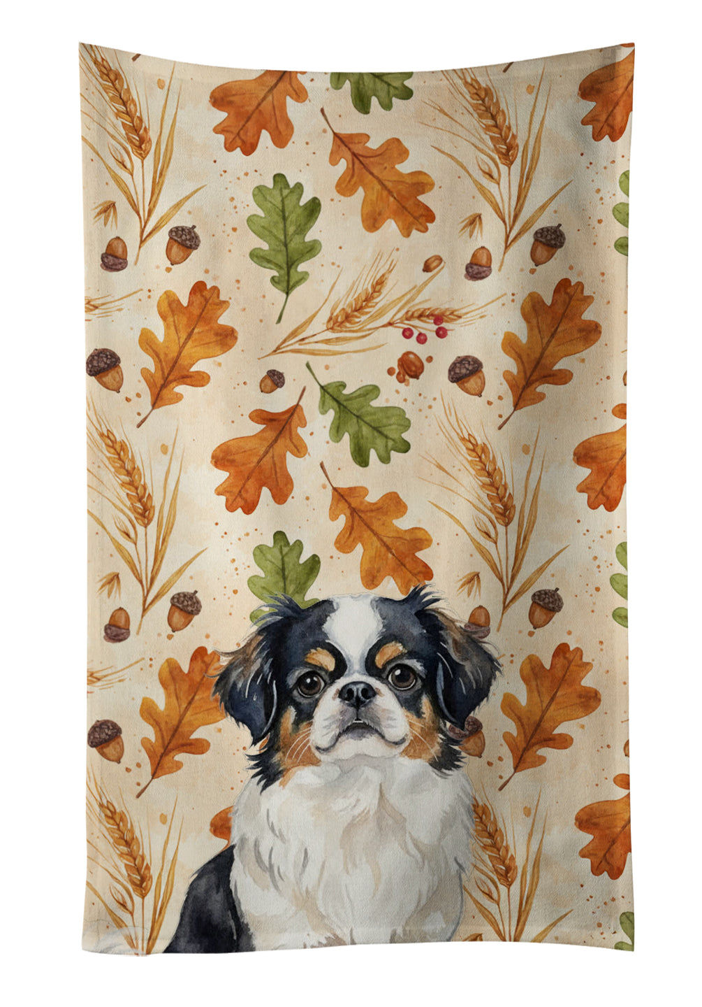 Tricolor Japanese Chin Heirloom Fall Kitchen Towel Velour Plush Front and Cotton Loop Back Machine Washable