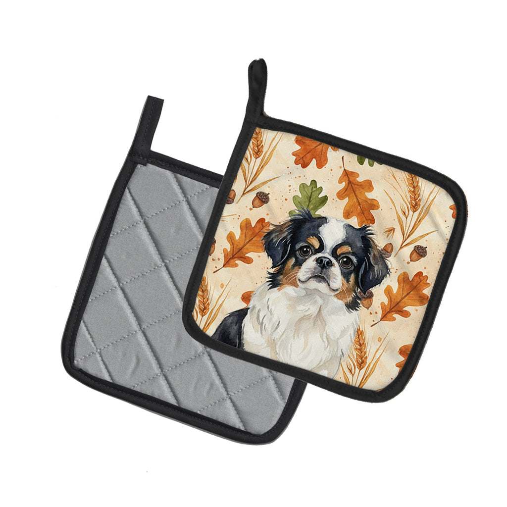 Tricolor Japanese Chin Heirloom Fall Pot Holder Set of 2 Heat Resistant Quilted Hot Pads 7.5 x 7.5 Inch, Insulated Kitchen Trivets for Cooking & Baking