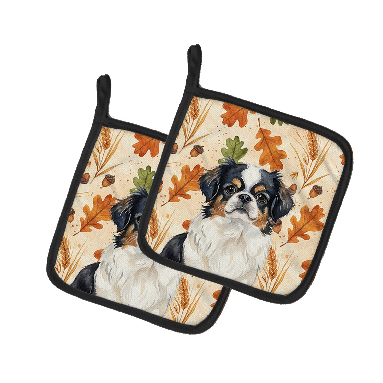 Tricolor Japanese Chin Heirloom Fall Pot Holder Set of 2 Heat Resistant Quilted Hot Pads 7.5 x 7.5 Inch, Insulated Kitchen Trivets for Cooking & Baking