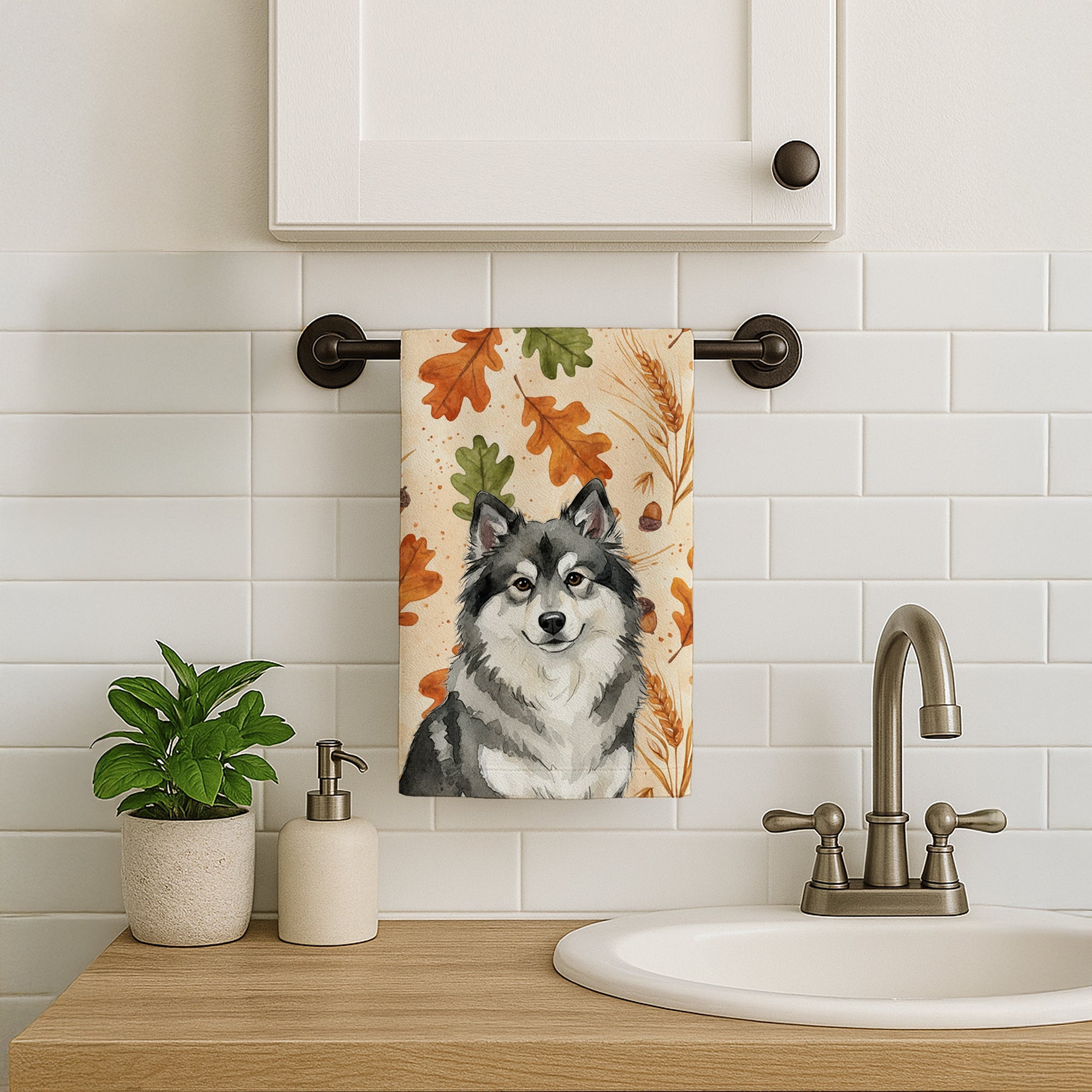 Keeshond Heirloom Fall Kitchen Towel Velour Plush Front and Cotton Loop Back Machine Washable