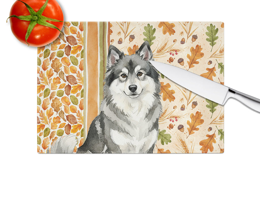 Keeshond Heirloom Fall Cutting Board Tempered Glass Kitchen Cutting Surface, Heat Resistant Chopping, Non-Slip Feet, Food Prep & Serving