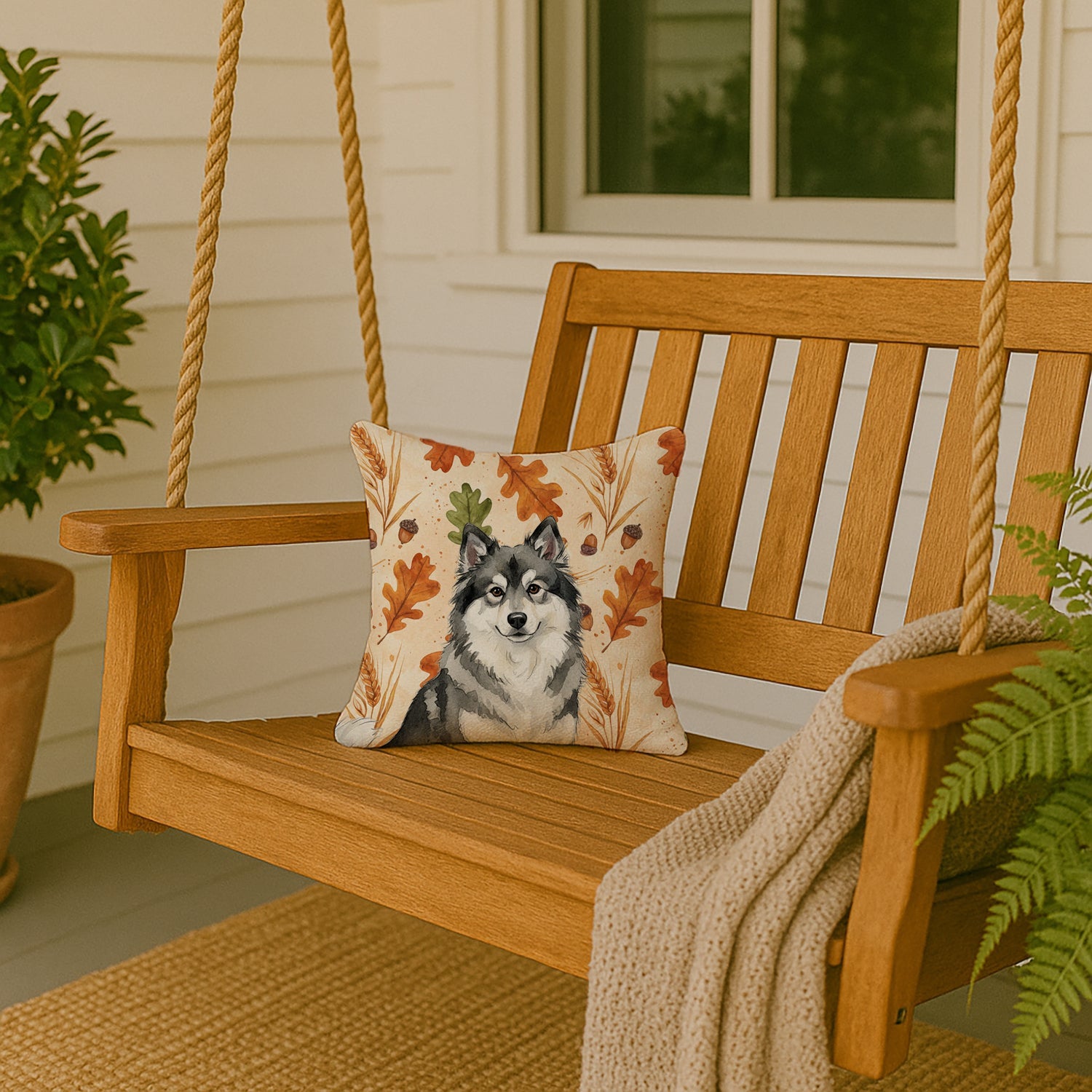 Keeshond Heirloom Fall Decorative Throw Pillow 14x14 Indoor Outdoor Accent Cushion, Fabric Cover with Insert for Sofa, Bed, Porch & Living Room