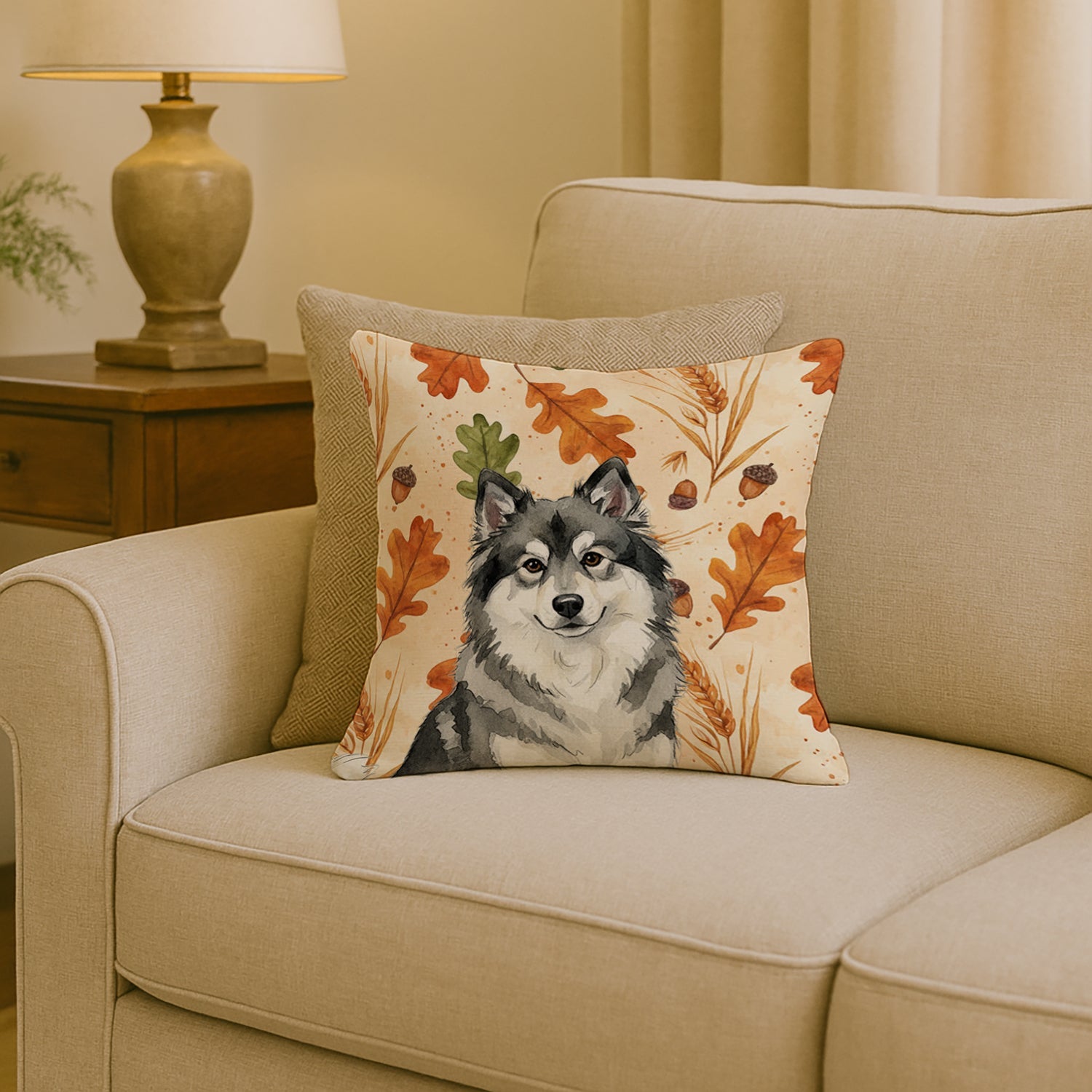 Keeshond Heirloom Fall Decorative Throw Pillow 18x18 Indoor Outdoor Accent Cushion, Fabric Cover with Insert for Sofa, Bed, Porch & Living Room