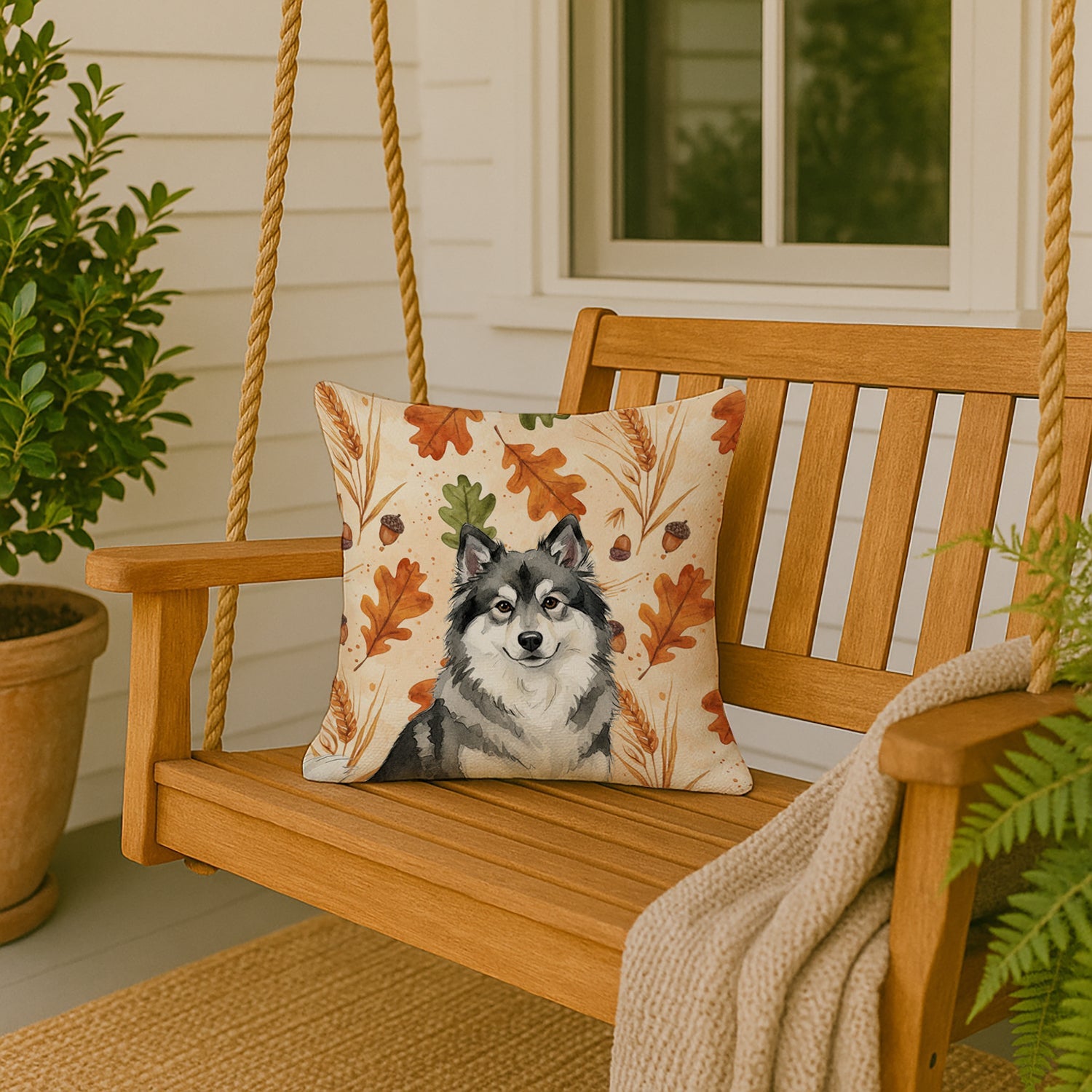 Keeshond Heirloom Fall Decorative Throw Pillow 18x18 Indoor Outdoor Accent Cushion, Fabric Cover with Insert for Sofa, Bed, Porch & Living Room