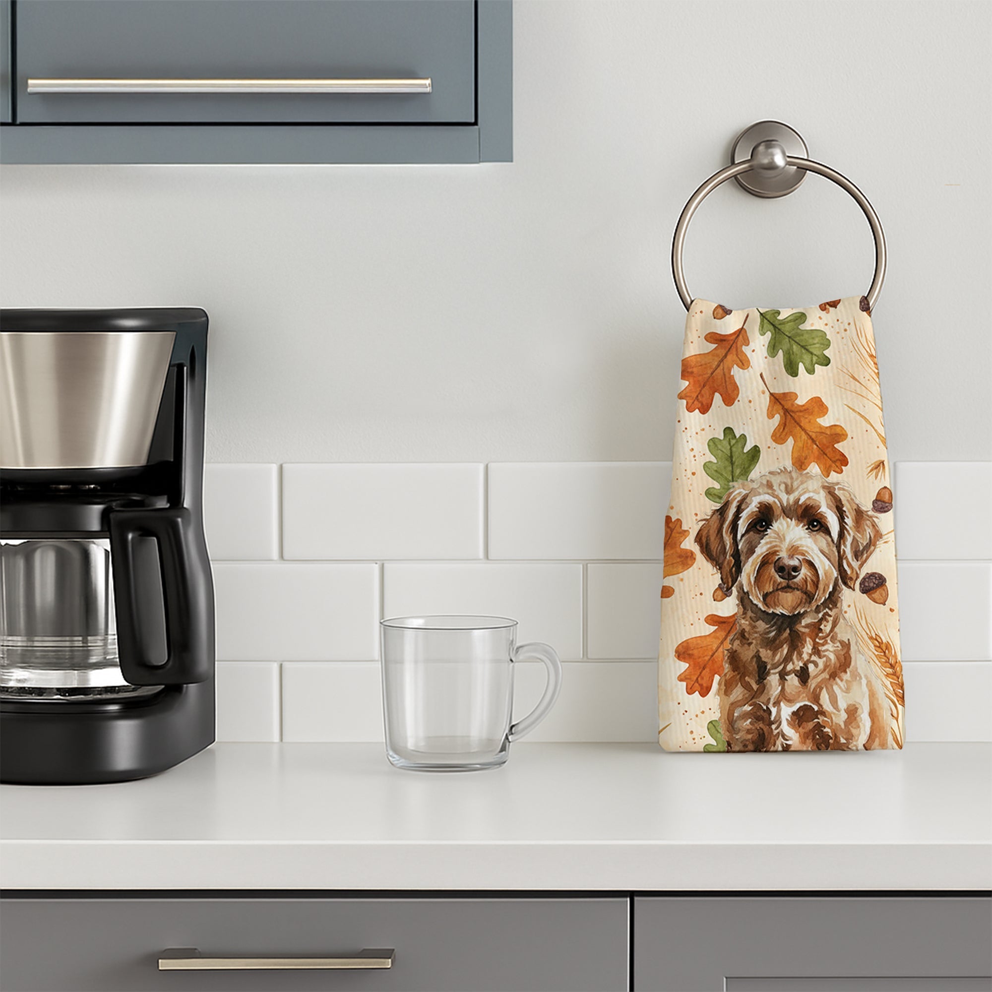 Chocolate Labradoodle Heirloom Fall Kitchen Towel Velour Plush Front and Cotton Loop Back Machine Washable