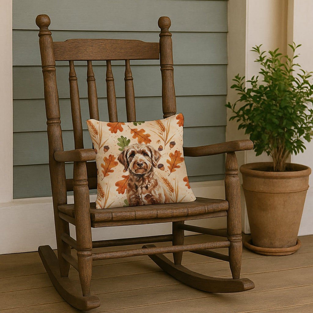 Chocolate Labradoodle Heirloom Fall Decorative Throw Pillow 14x14 Indoor Outdoor Accent Cushion, Fabric Cover with Insert for Sofa, Bed, Porch & Living Room