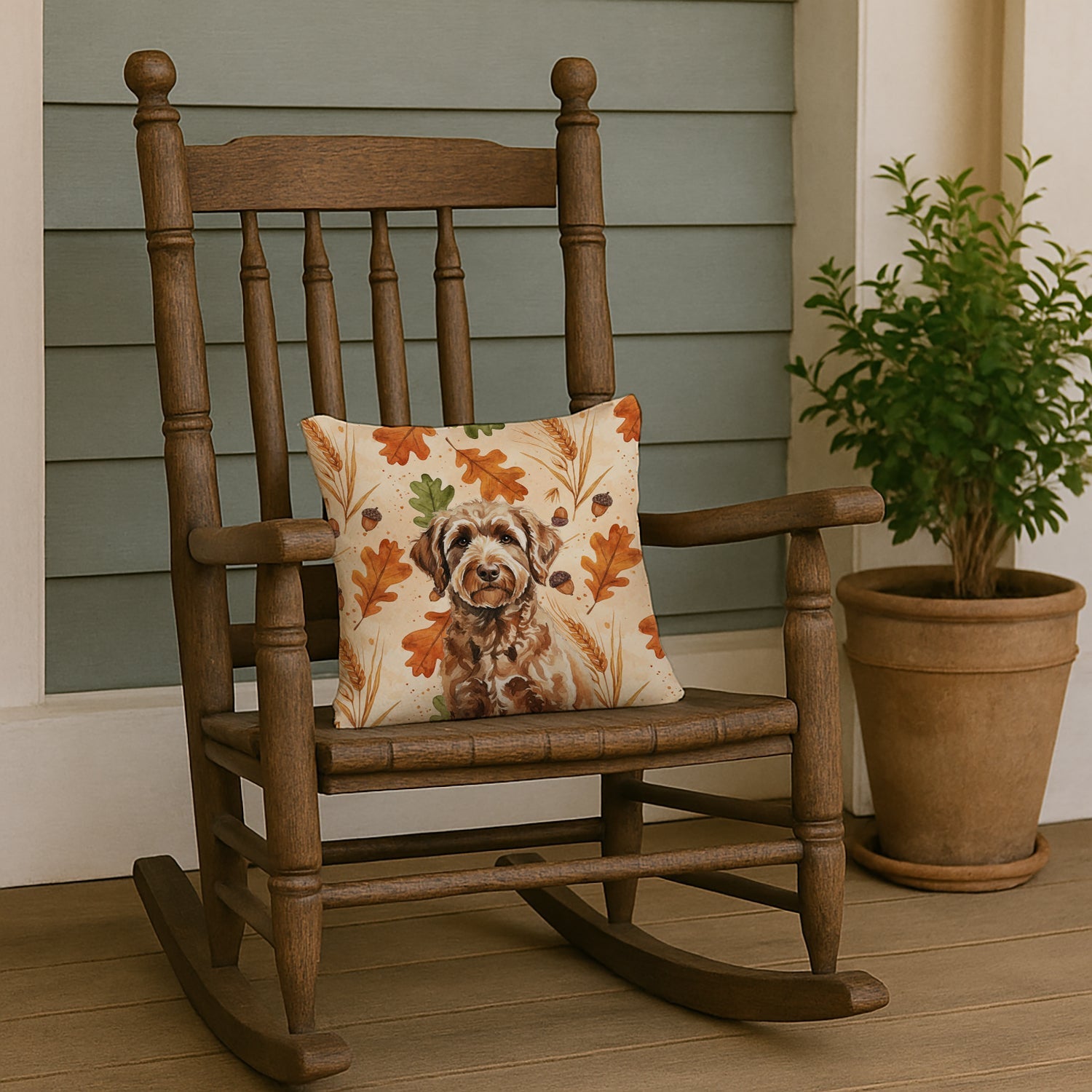 Chocolate Labradoodle Heirloom Fall Decorative Throw Pillow 14x14 Indoor Outdoor Accent Cushion, Fabric Cover with Insert for Sofa, Bed, Porch & Living Room