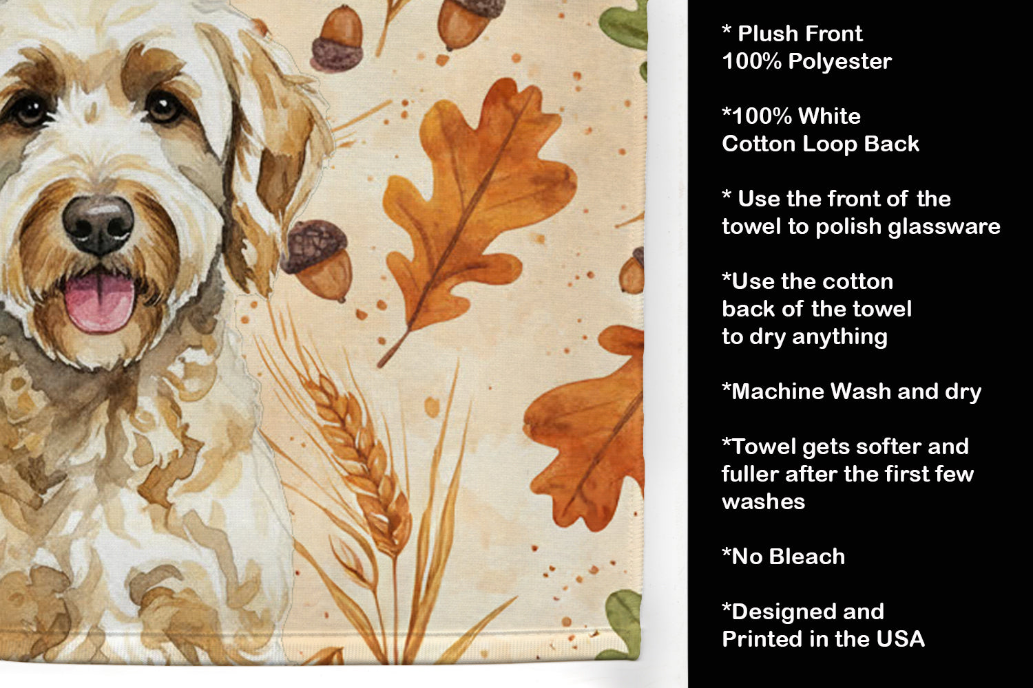 Labradoodle Heirloom Fall Kitchen Towel Velour Plush Front and Cotton Loop Back Machine Washable