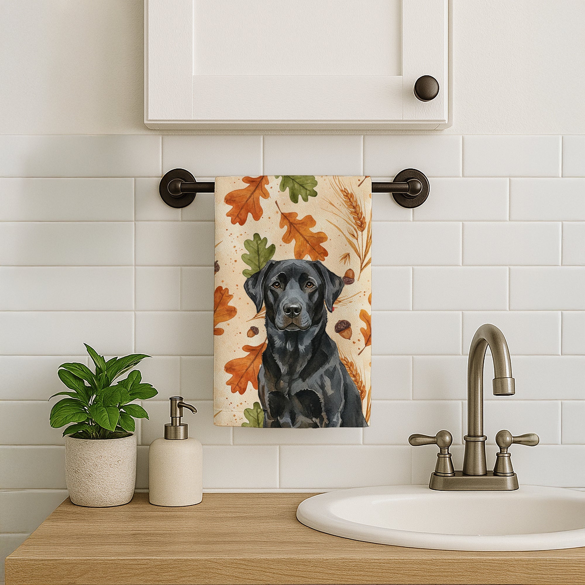 Black Labrador Retriever Heirloom Fall Kitchen Towel Velour Plush Front and Cotton Loop Back Machine Washable