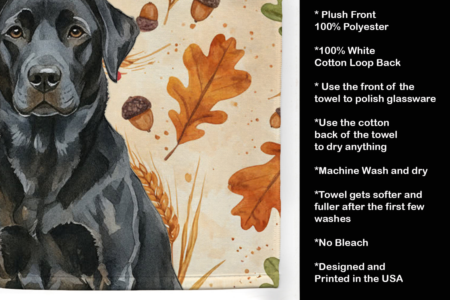 Black Labrador Retriever Heirloom Fall Kitchen Towel Velour Plush Front and Cotton Loop Back Machine Washable