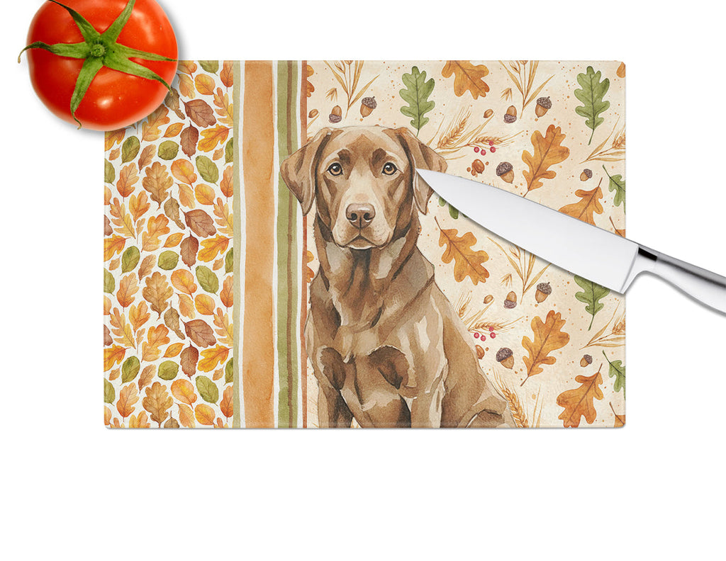 Chocolate Labrador Retriever Heirloom Fall Cutting Board Tempered Glass Kitchen Cutting Surface, Heat Resistant Chopping, Non-Slip Feet, Food Prep & Serving
