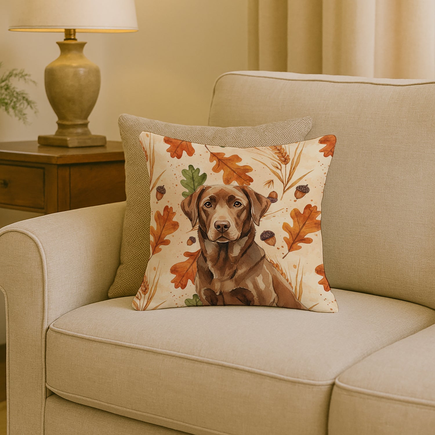 Chocolate Labrador Retriever Heirloom Fall Decorative Throw Pillow 18x18 Indoor Outdoor Accent Cushion, Fabric Cover with Insert for Sofa, Bed, Porch & Living Room