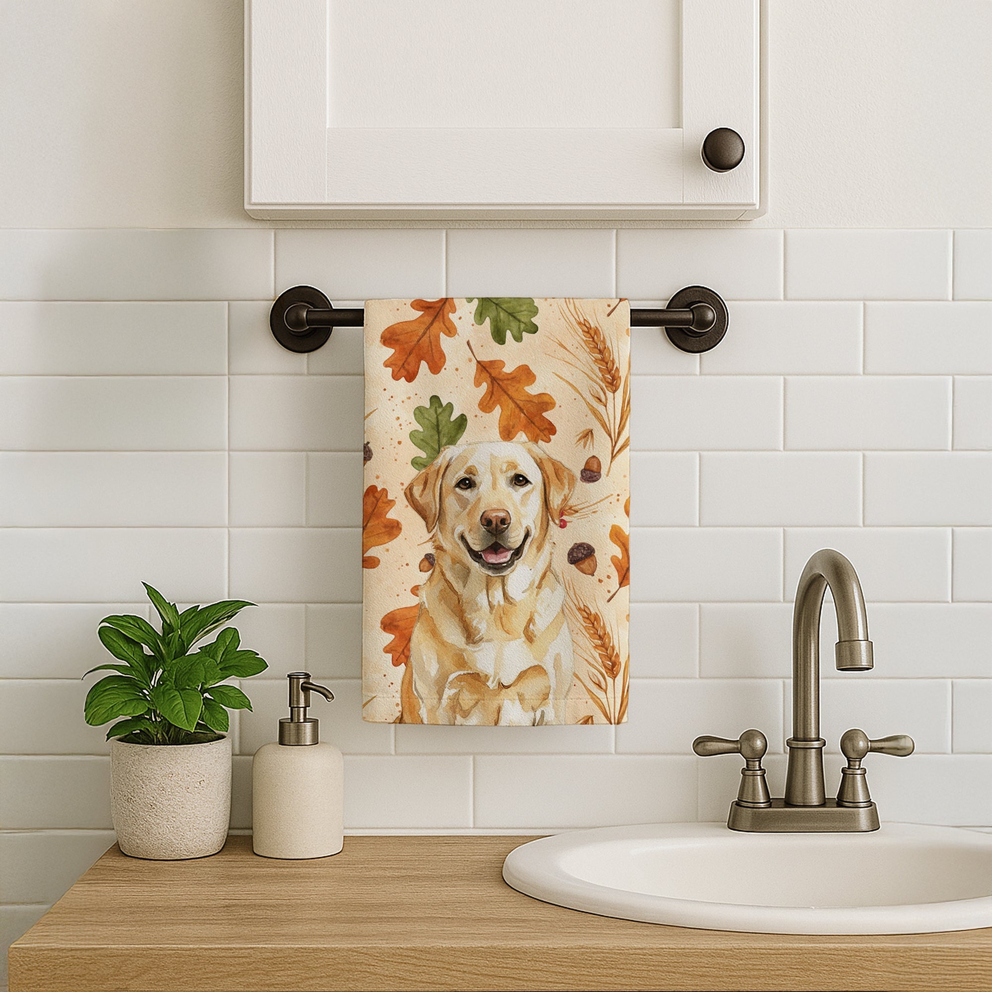 Yellow Labrador Retriever Heirloom Fall Kitchen Towel Velour Plush Front and Cotton Loop Back Machine Washable