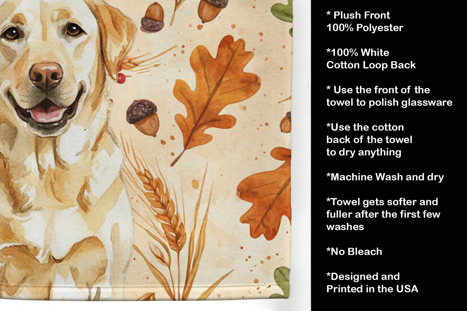 Yellow Labrador Retriever Heirloom Fall Kitchen Towel Velour Plush Front and Cotton Loop Back Machine Washable
