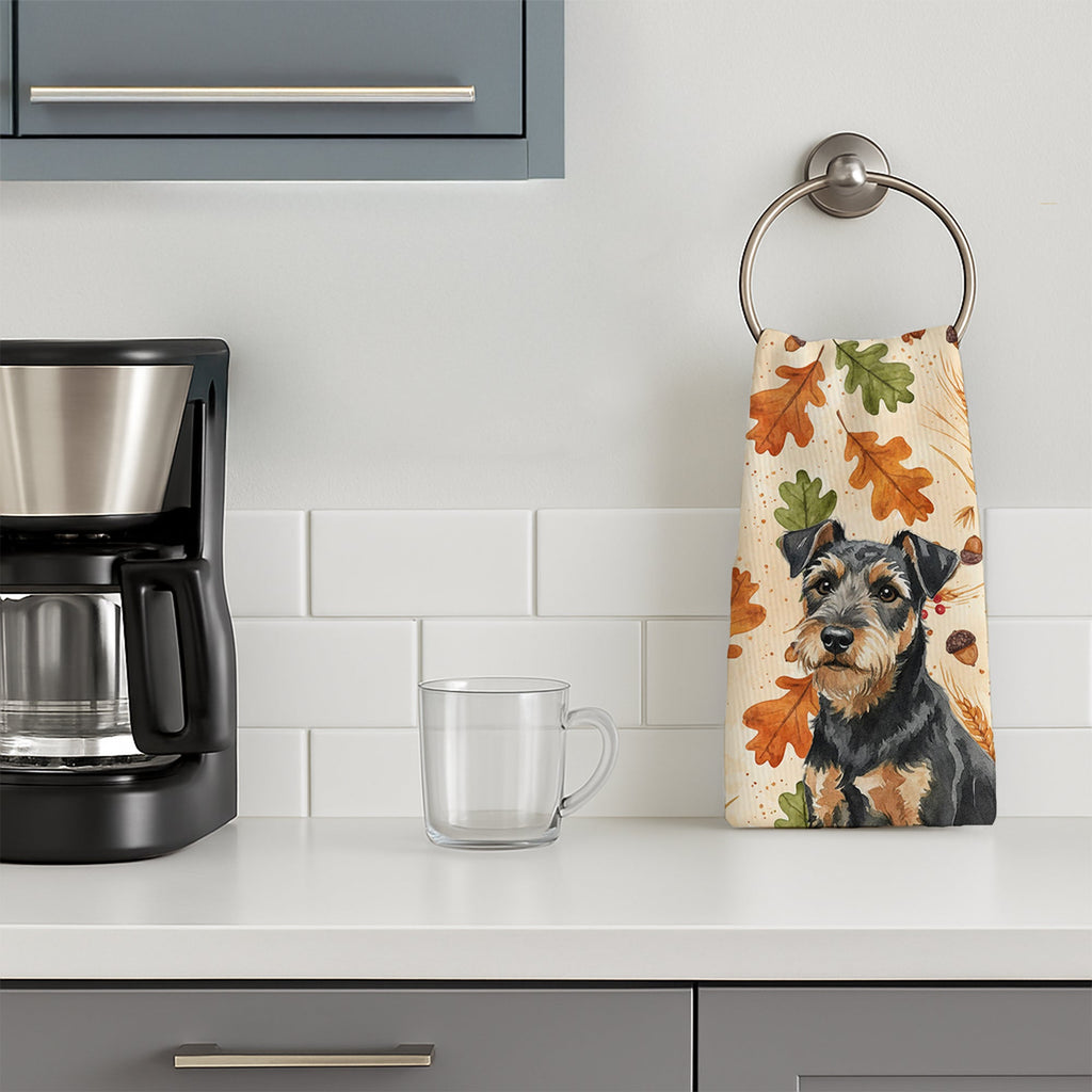 Black and Tan Lakeland Terrier Heirloom Fall Kitchen Towel Velour Plush Front and Cotton Loop Back Machine Washable