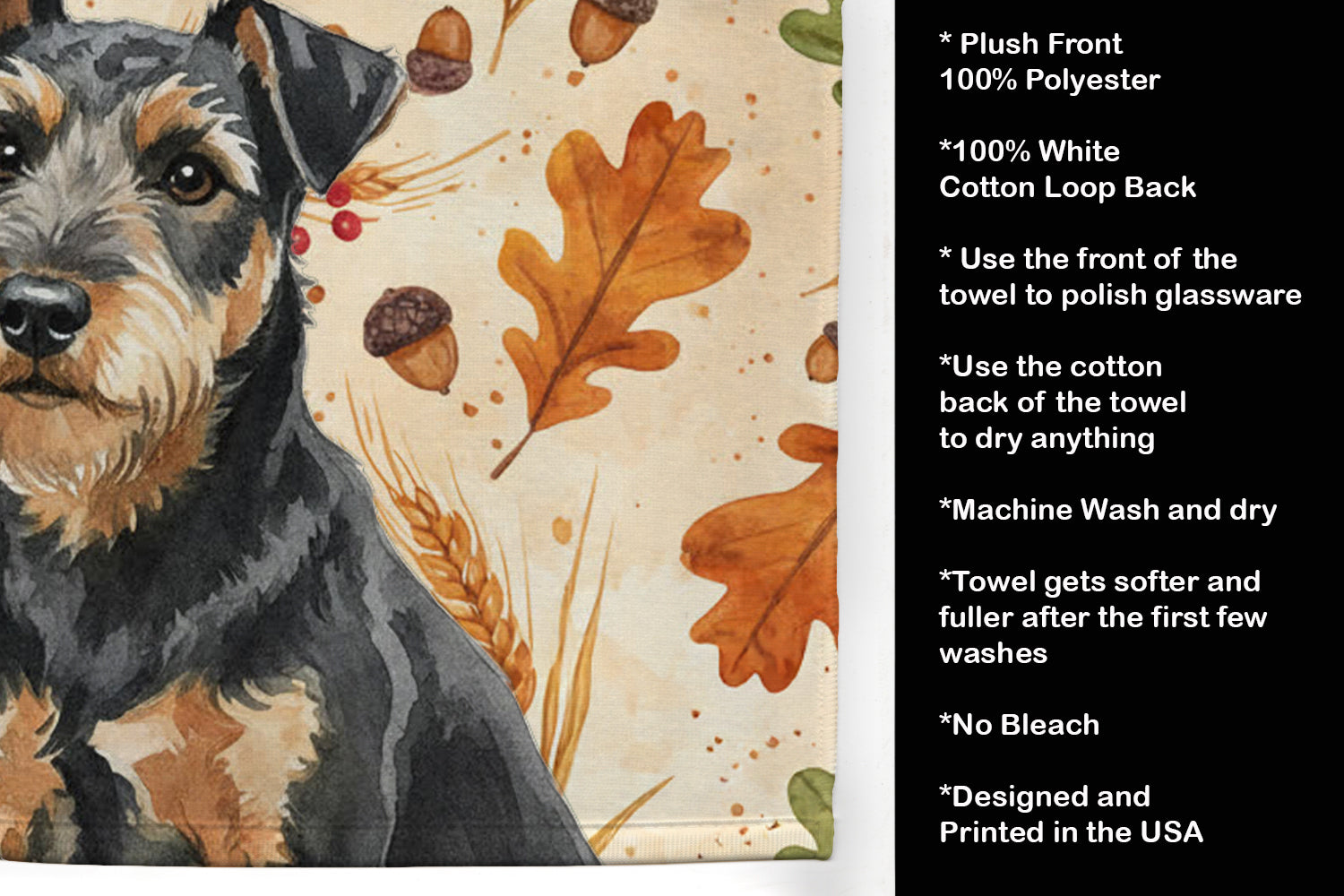 Black and Tan Lakeland Terrier Heirloom Fall Kitchen Towel Velour Plush Front and Cotton Loop Back Machine Washable