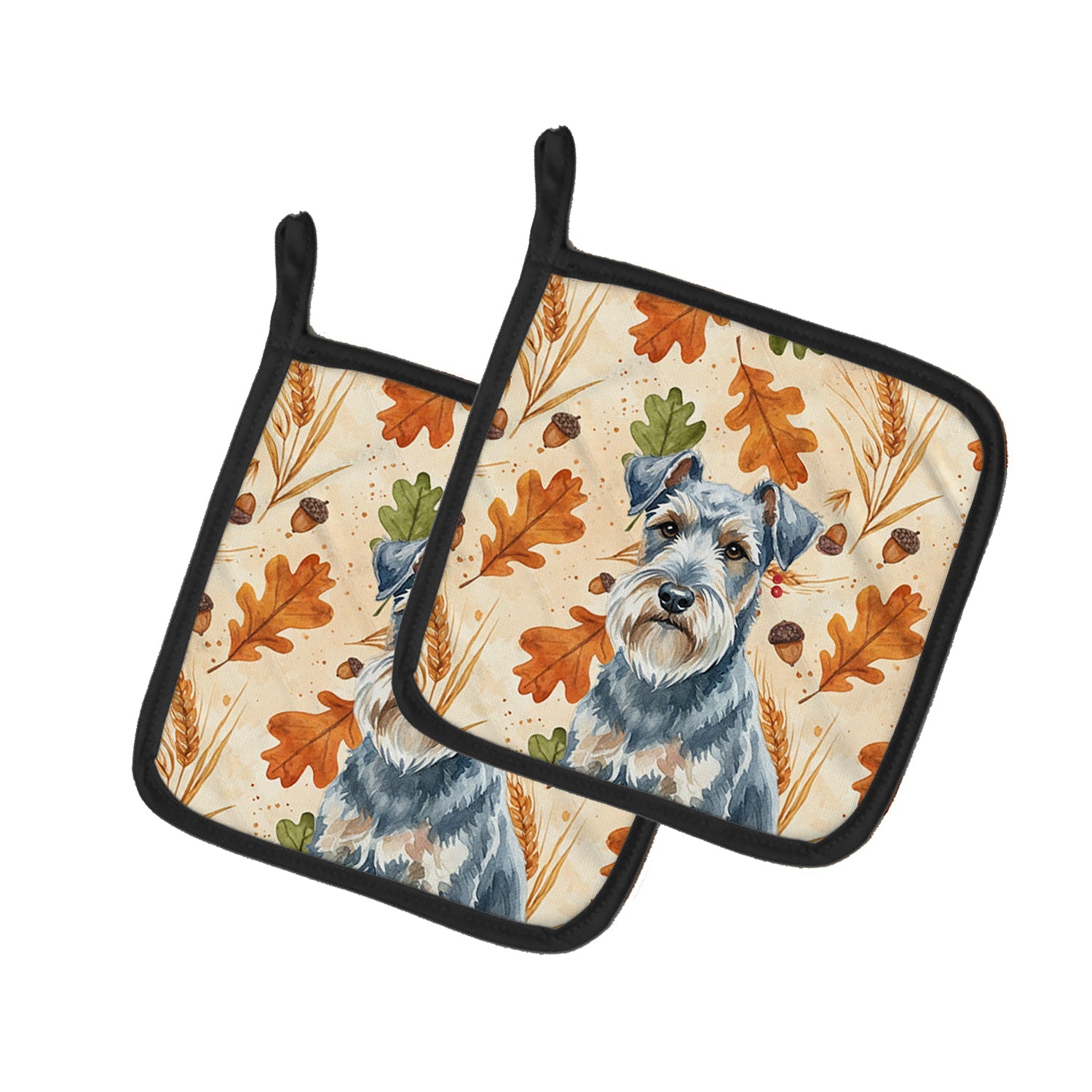 Blue Lakeland Terrier Heirloom Fall Pot Holder Set of 2 Heat Resistant Quilted Hot Pads 7.5 x 7.5 Inch, Insulated Kitchen Trivets for Cooking & Baking