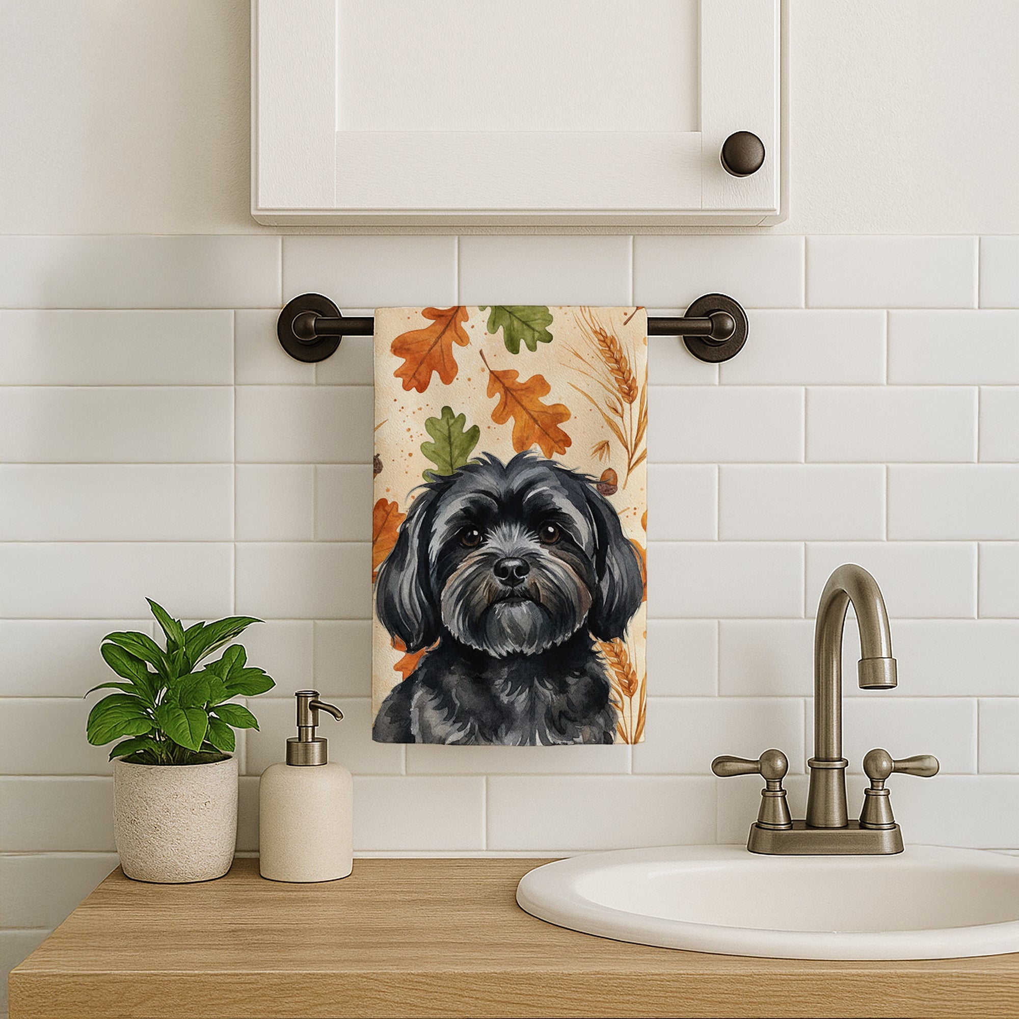 Black Lhasa Apso Heirloom Fall Kitchen Towel Velour Plush Front and Cotton Loop Back Machine Washable