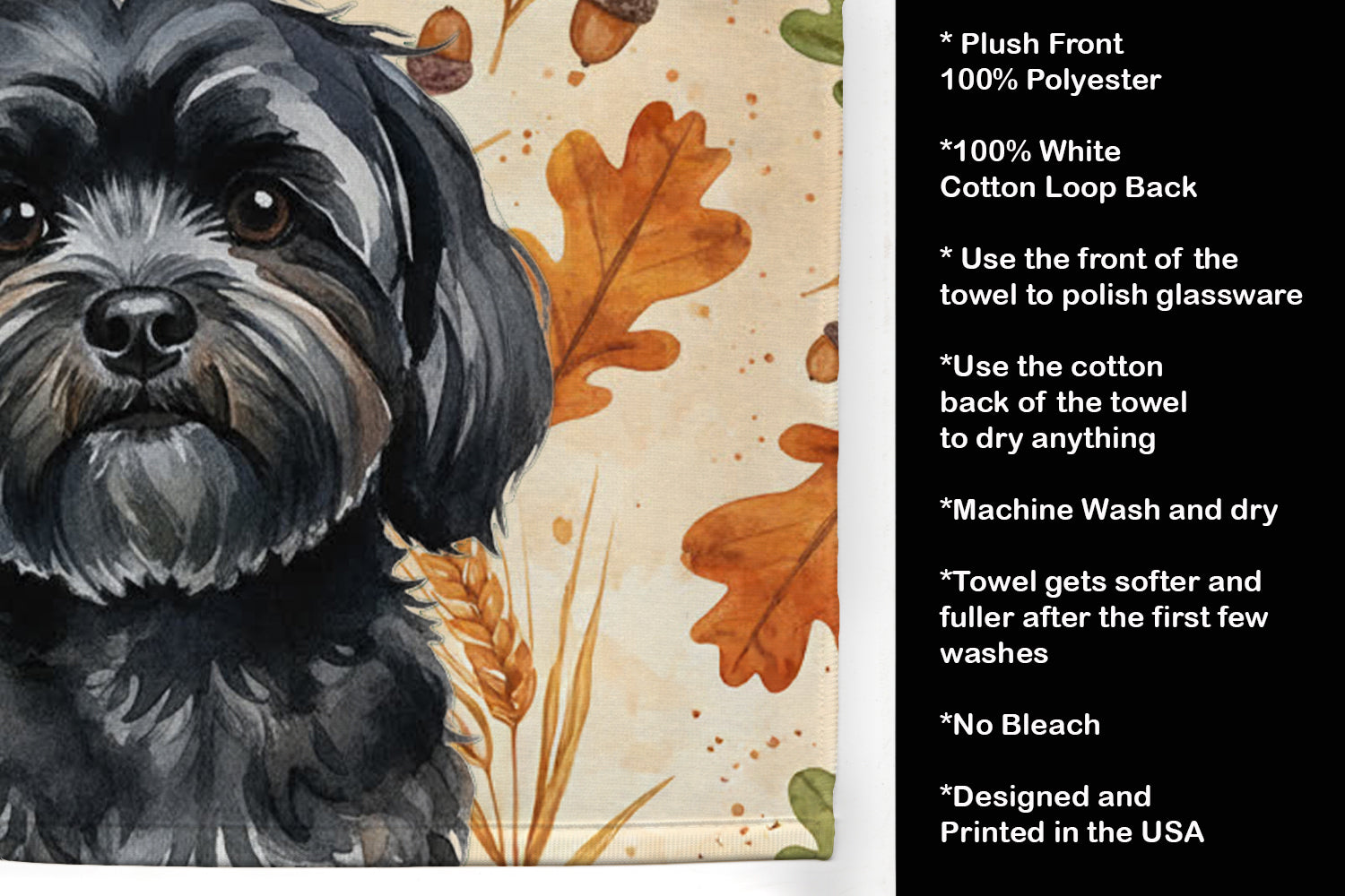 Black Lhasa Apso Heirloom Fall Kitchen Towel Velour Plush Front and Cotton Loop Back Machine Washable
