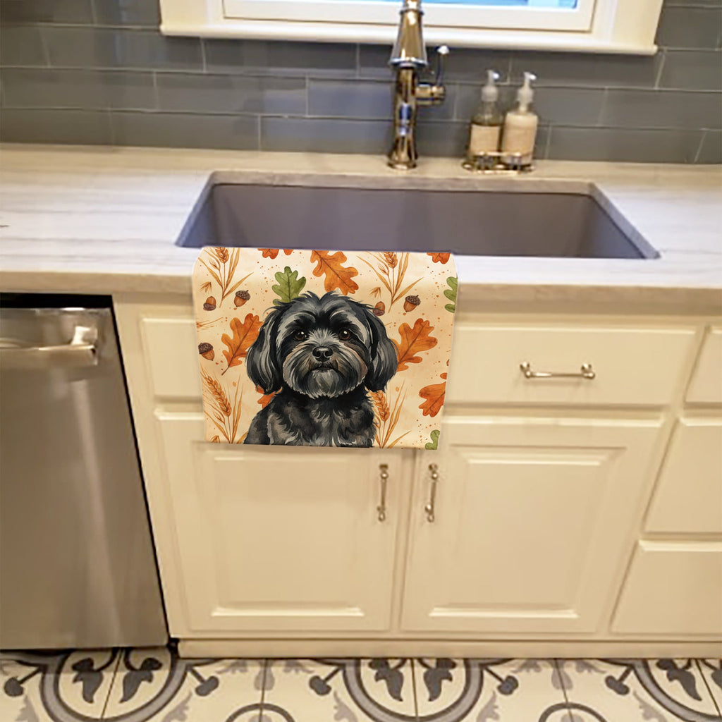 Black Lhasa Apso Heirloom Fall Kitchen Towel Velour Plush Front and Cotton Loop Back Machine Washable