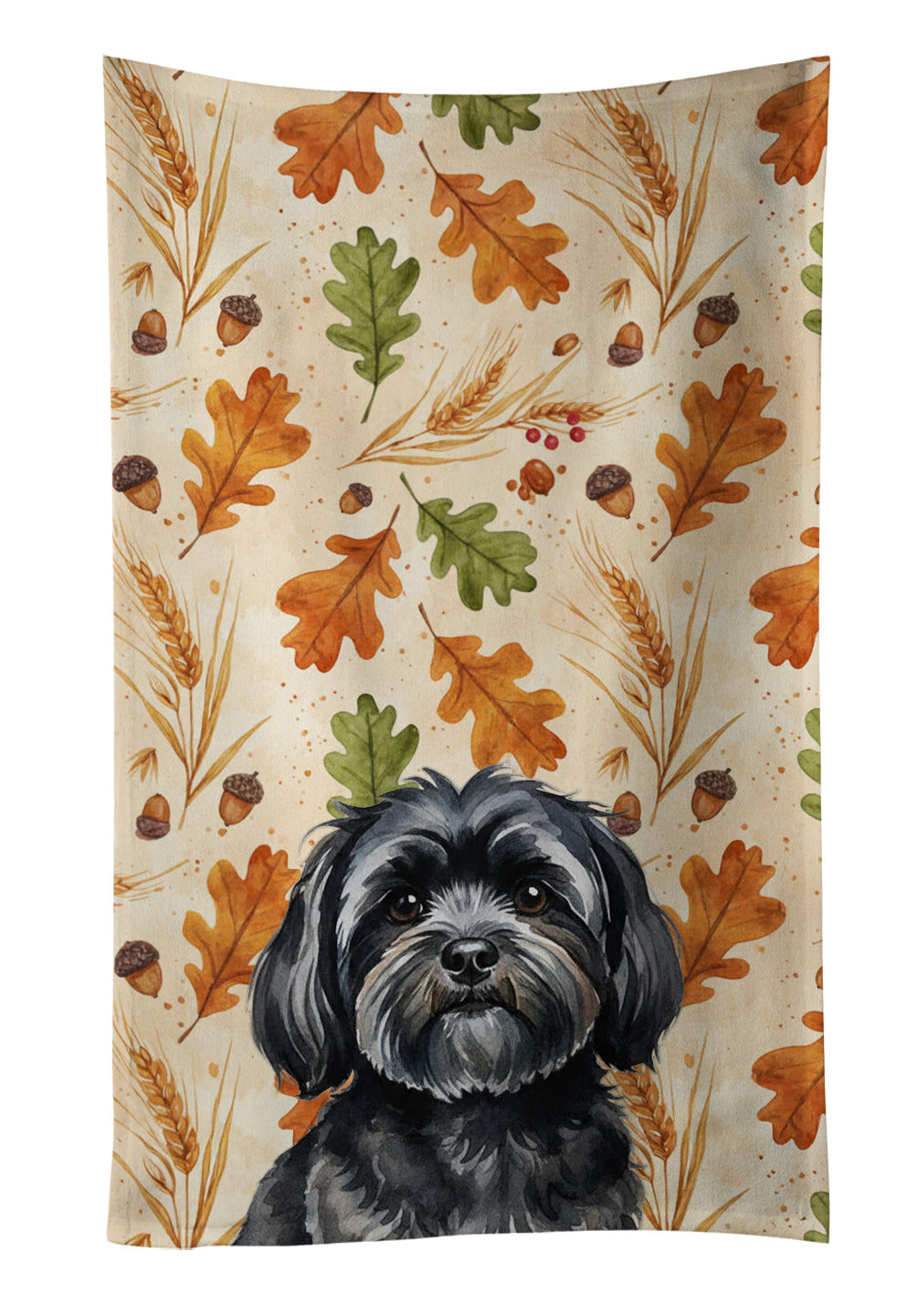 Black Lhasa Apso Heirloom Fall Kitchen Towel Velour Plush Front and Cotton Loop Back Machine Washable