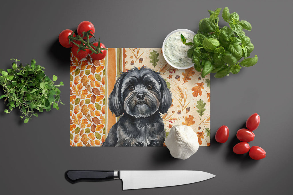 Black Lhasa Apso Heirloom Fall Cutting Board Tempered Glass Kitchen Cutting Surface, Heat Resistant Chopping, Non-Slip Feet, Food Prep & Serving