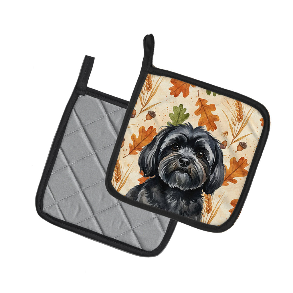 Black Lhasa Apso Heirloom Fall Pot Holder Set of 2 Heat Resistant Quilted Hot Pads 7.5 x 7.5 Inch, Insulated Kitchen Trivets for Cooking & Baking