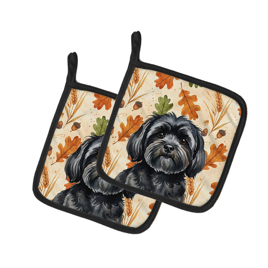 Black Lhasa Apso Heirloom Fall Pot Holder Set of 2 Heat Resistant Quilted Hot Pads 7.5 x 7.5 Inch, Insulated Kitchen Trivets for Cooking & Baking