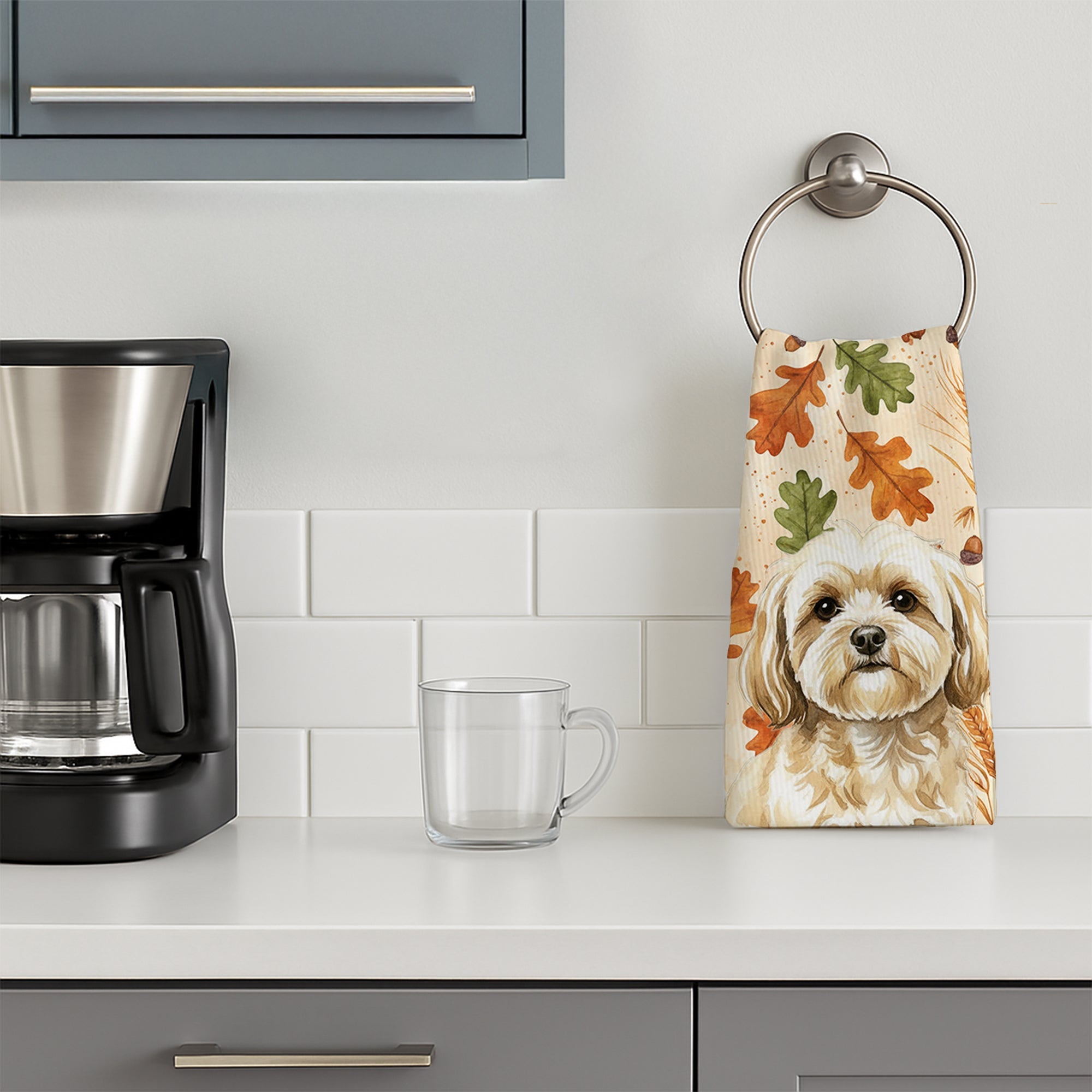 Cream Lhasa Apso Heirloom Fall Kitchen Towel Velour Plush Front and Cotton Loop Back Machine Washable