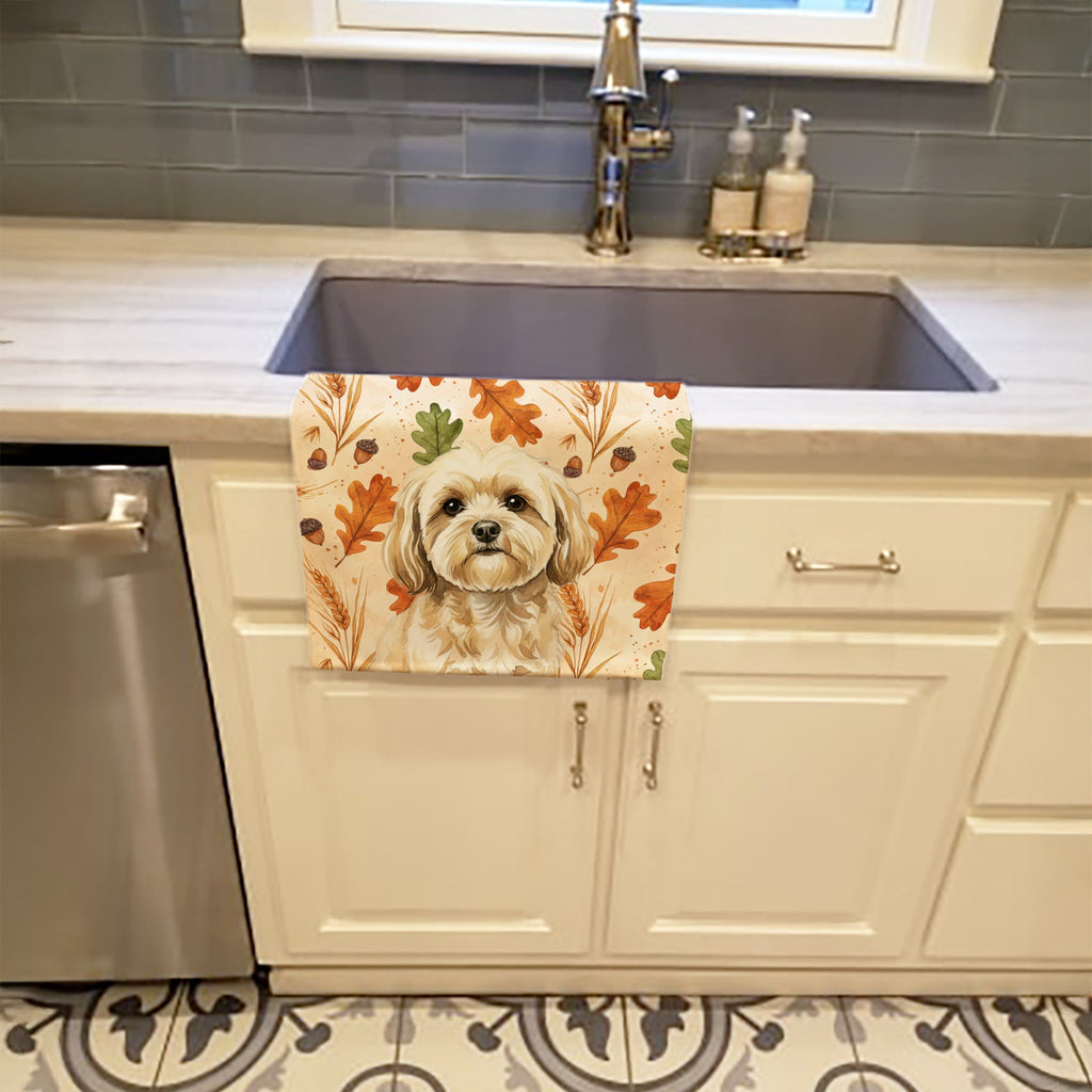 Cream Lhasa Apso Heirloom Fall Kitchen Towel Velour Plush Front and Cotton Loop Back Machine Washable
